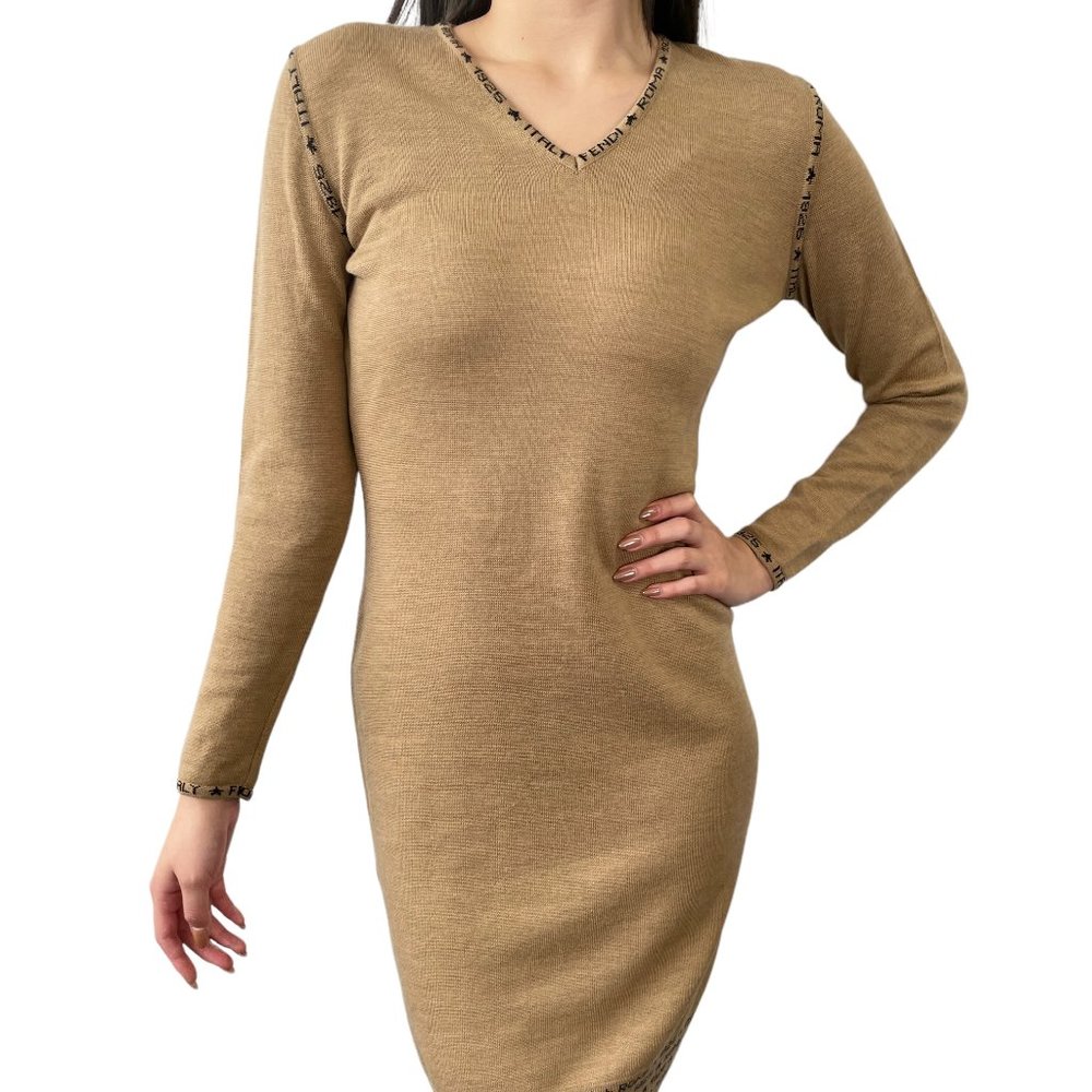Classic V-Neck Long Sleeve Knit Dress in Tan